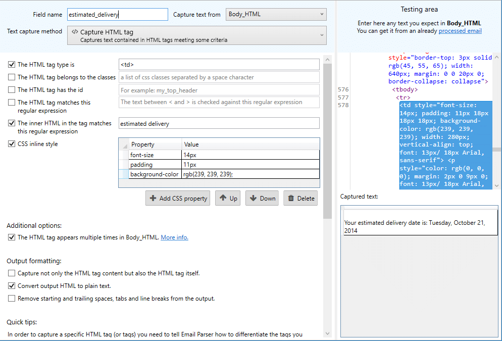 html properties settings for capturing data