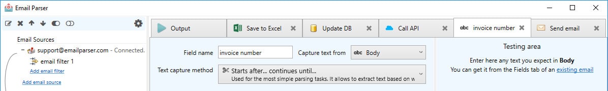 Parsing emails to excel