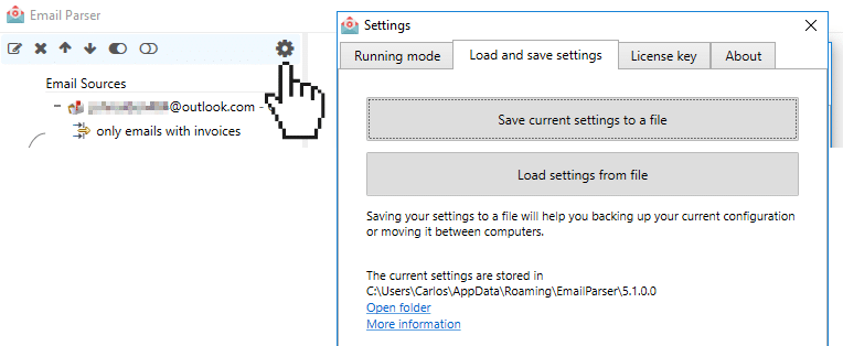 saving email parser settings to a file