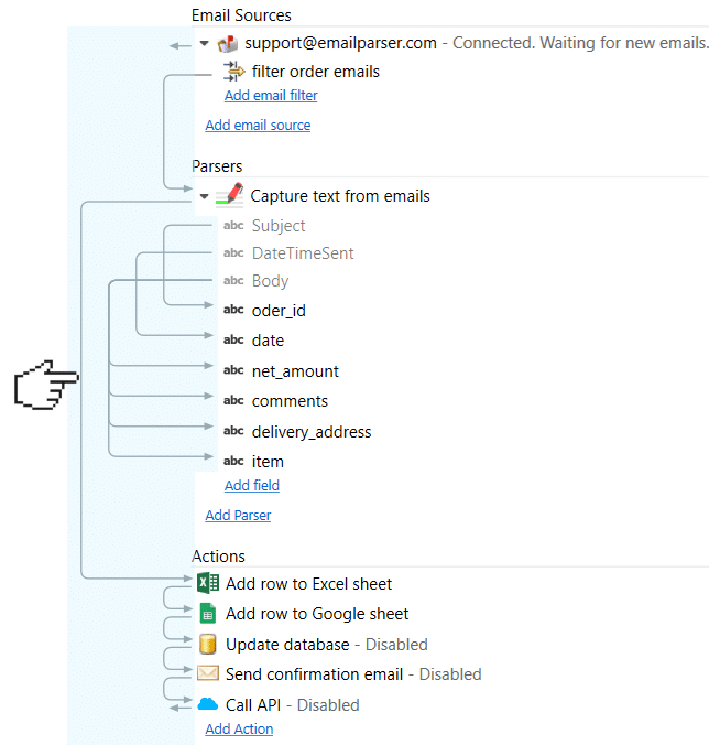 parse email flow of data to export to excel