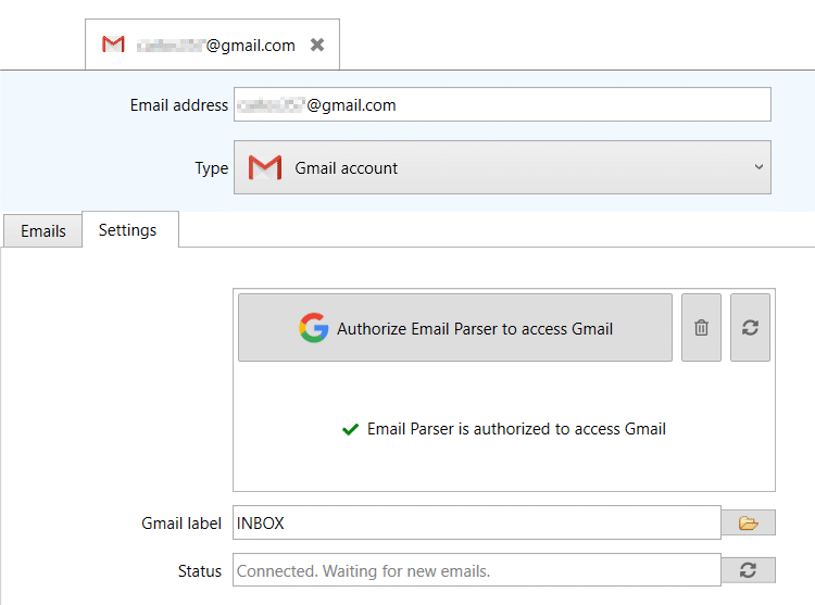 Email Parser is authorized to access your Gmail account