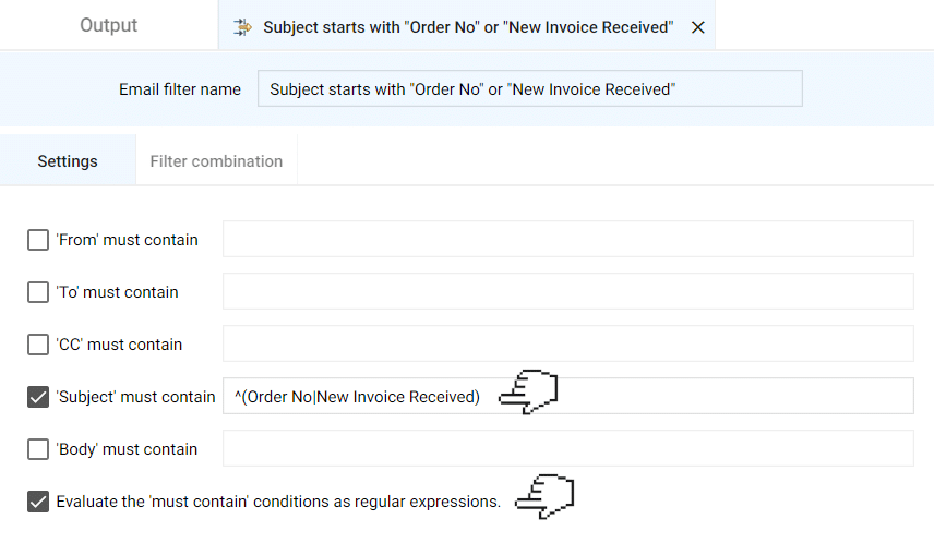 settings for an email filter using regular expression