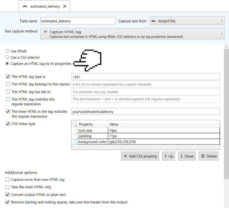 capturing html tag in an email by properties