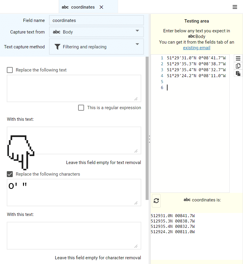 removing characters from captured email data