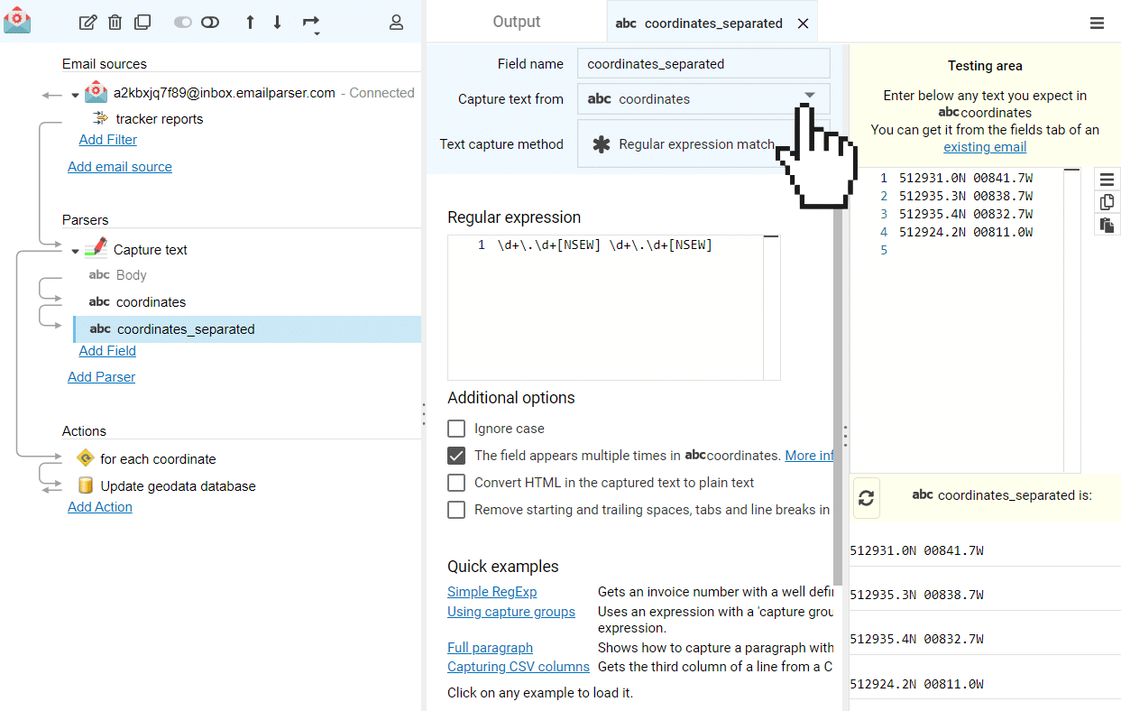 using multiple step parsing for coordinates