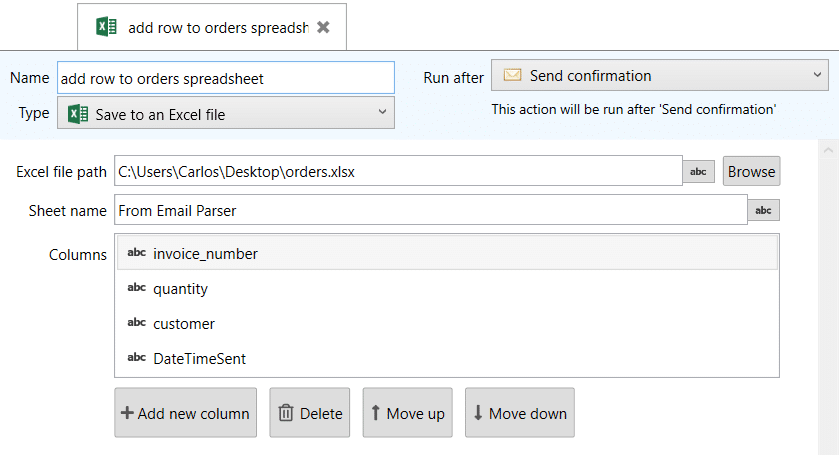 saving orders to an spreadsheet