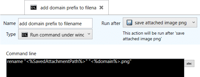 Settings of the action to rename an attached file