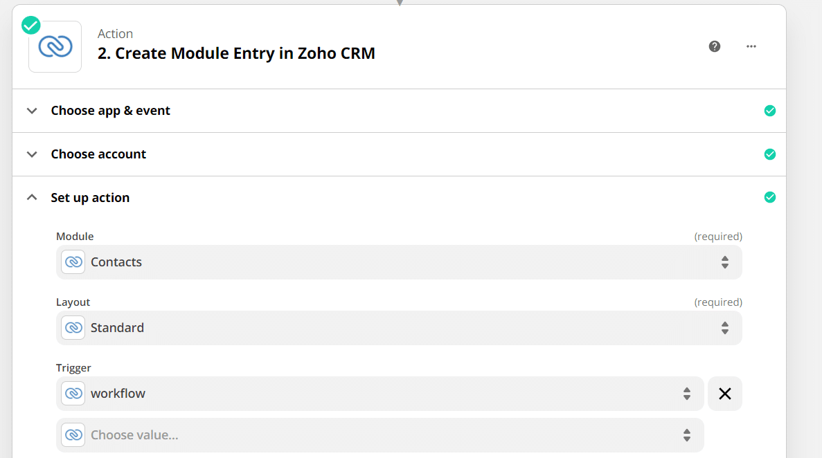 A zapier action that saves text to Zoho CRM