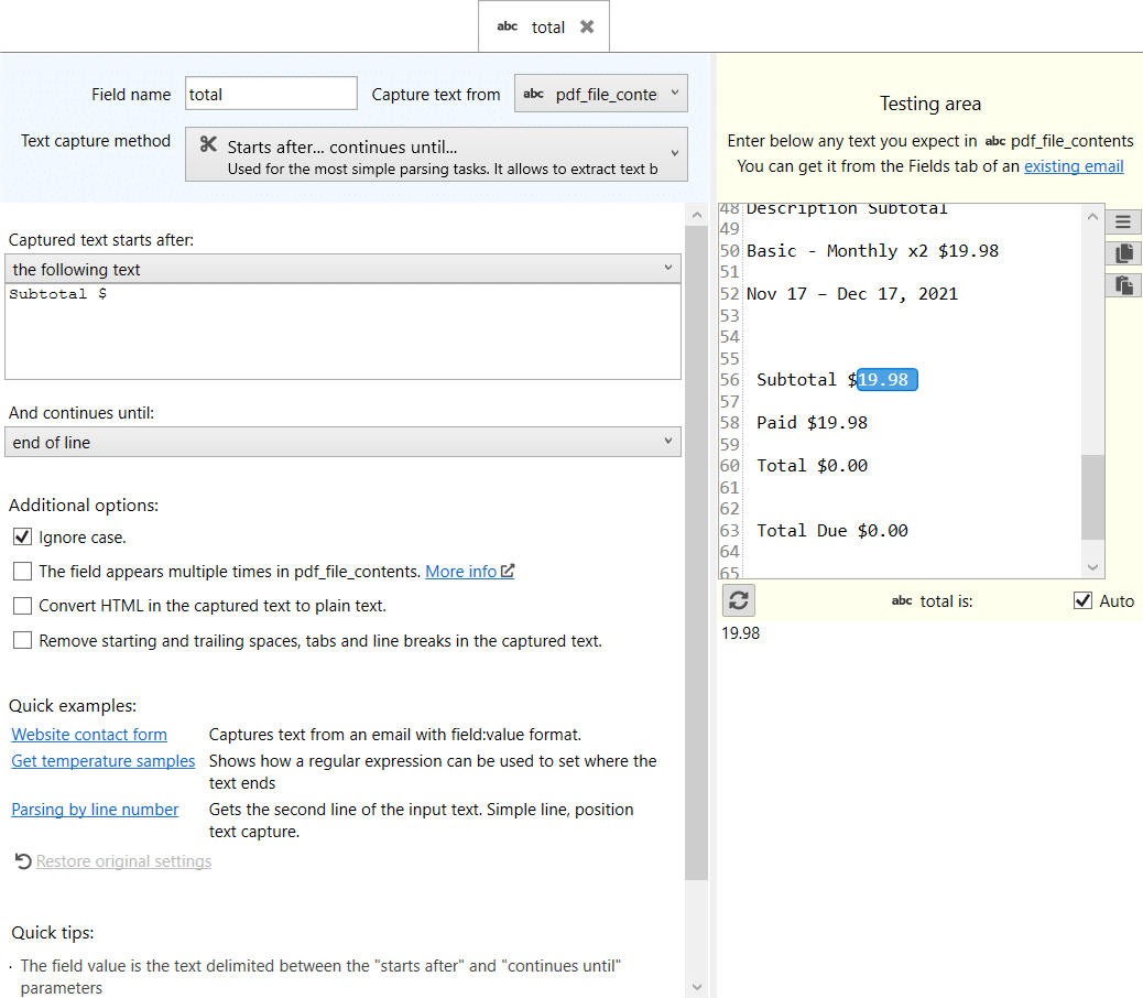 capturing the total of an invoice