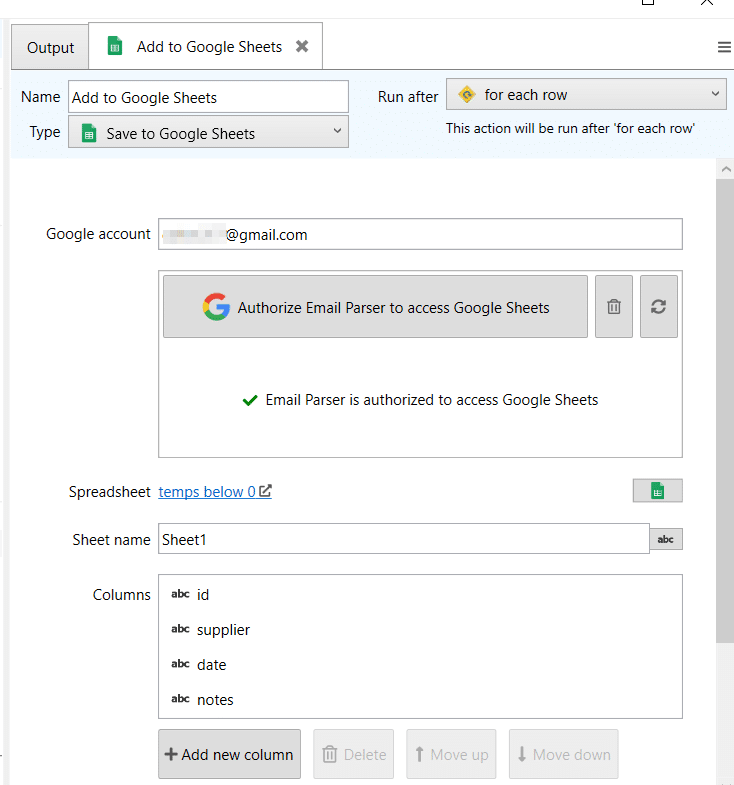 exporting contents of an email to Sheets