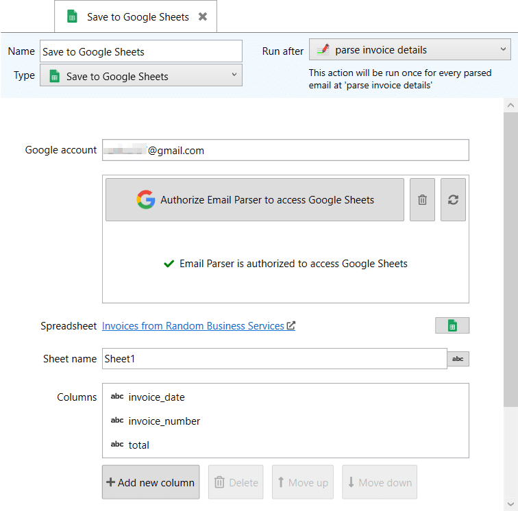 exporting to Google Sheets an invoice