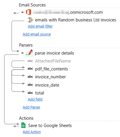 the left panel of Email Parser for reading attached pdfs