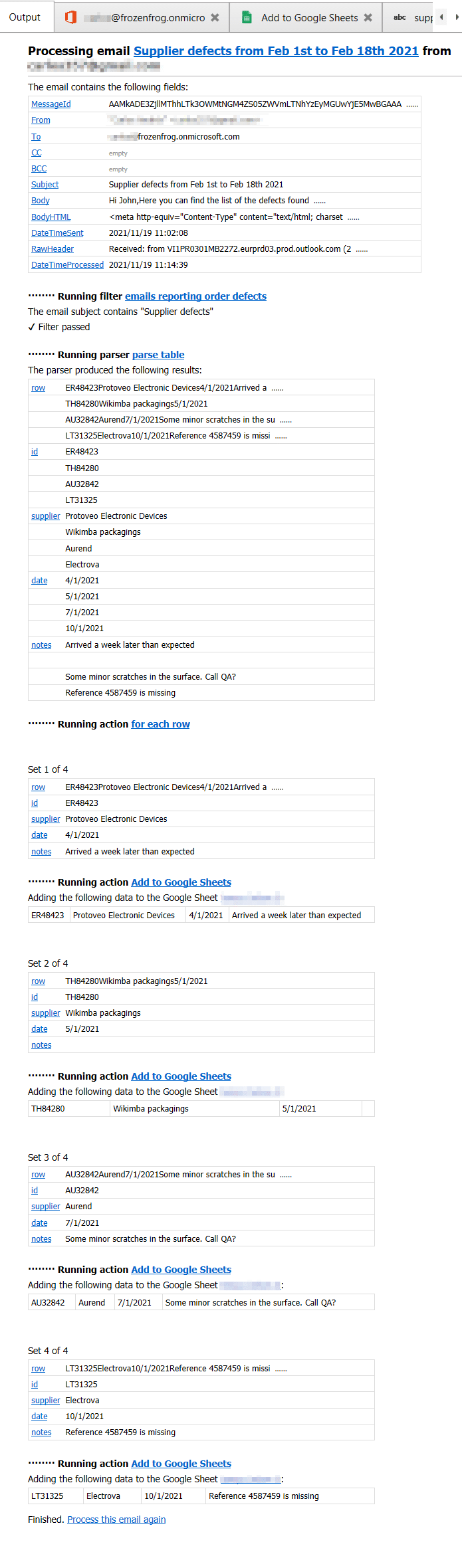 the output of parsing when exporting to Google Sheets