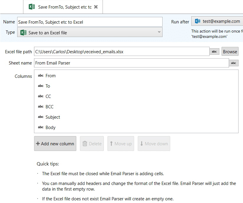 email to excel
