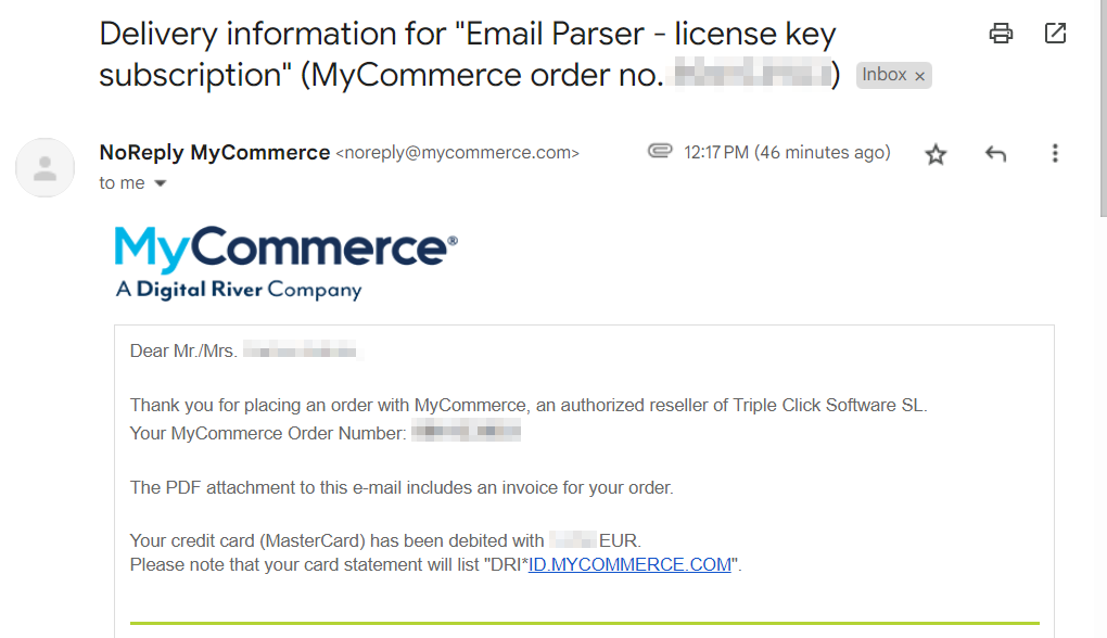 an email from mycommerce digital river with the license key for email parser