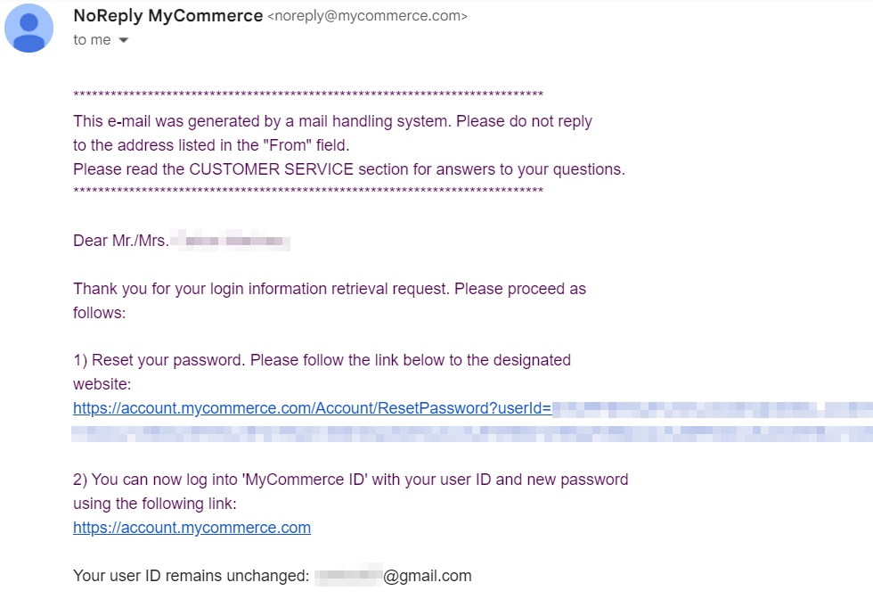 the email that mycommerce sends to reset the user name or password