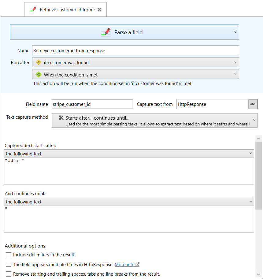 parsing stripe response in the actions section