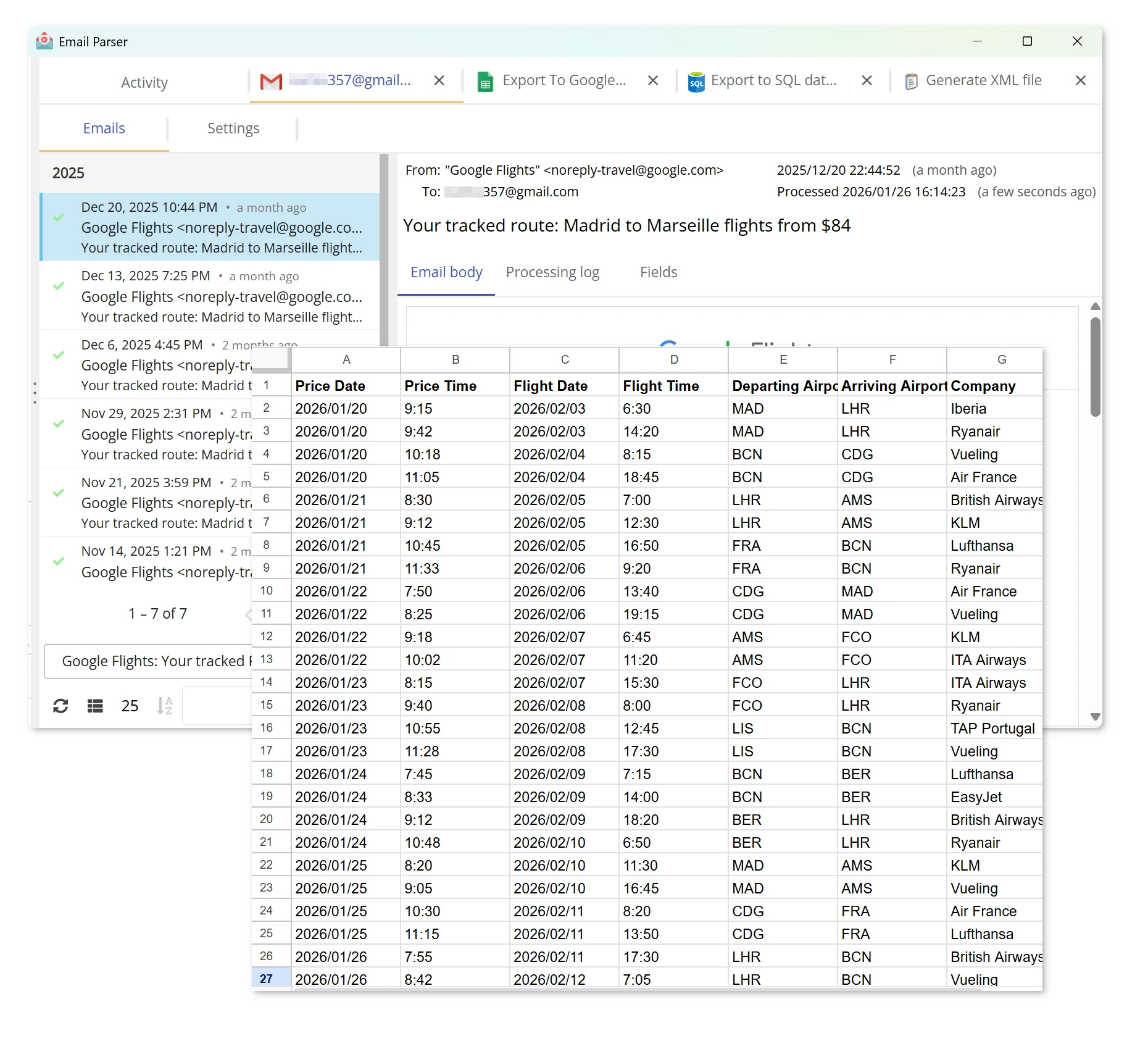 Converting emails to structured tabular data