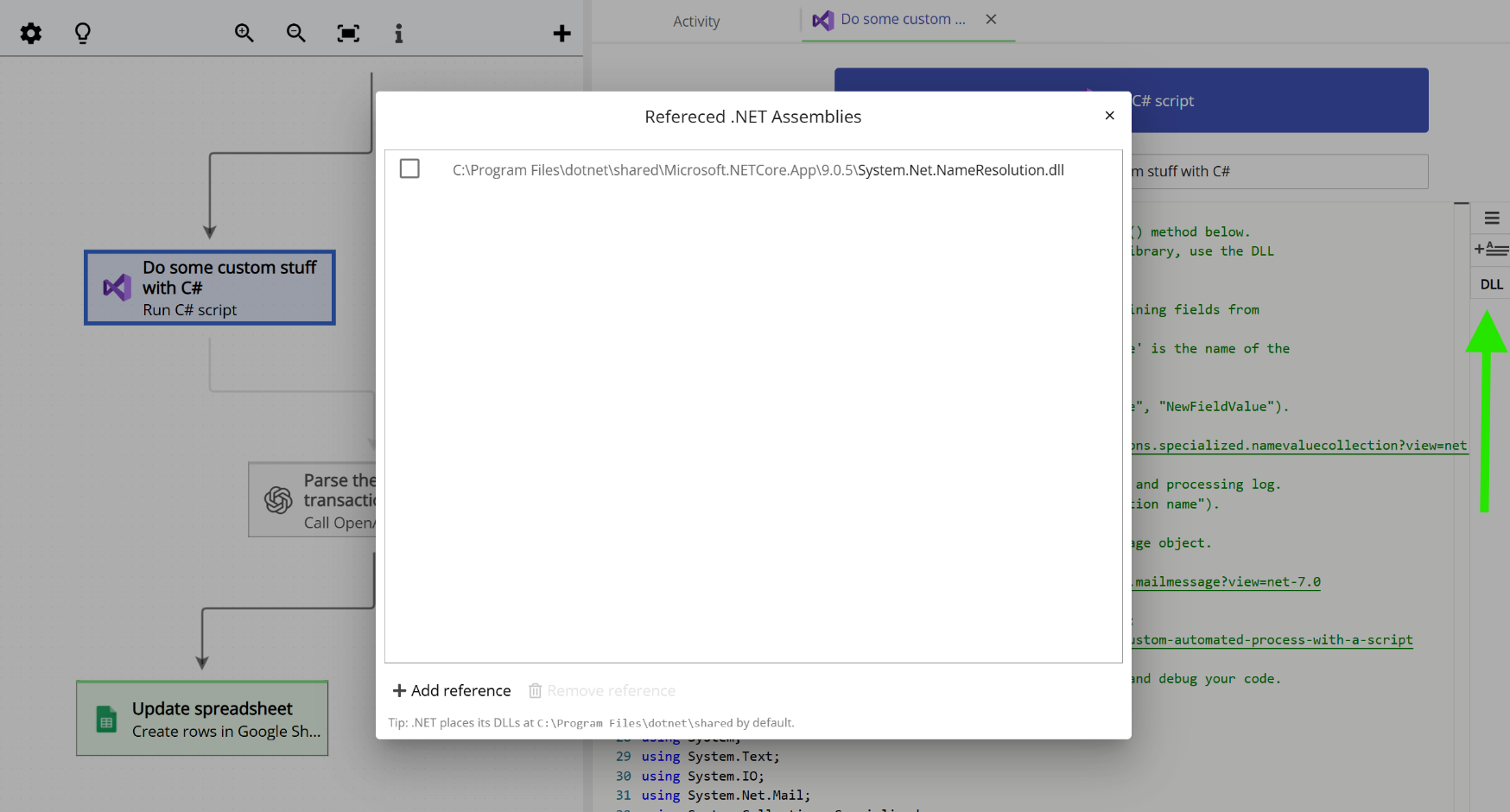 Adding a .NET assembly (DLL) reference in a C# action in Email Parser
