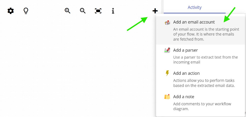 adding a new email account in the Email Parser workflow diagram