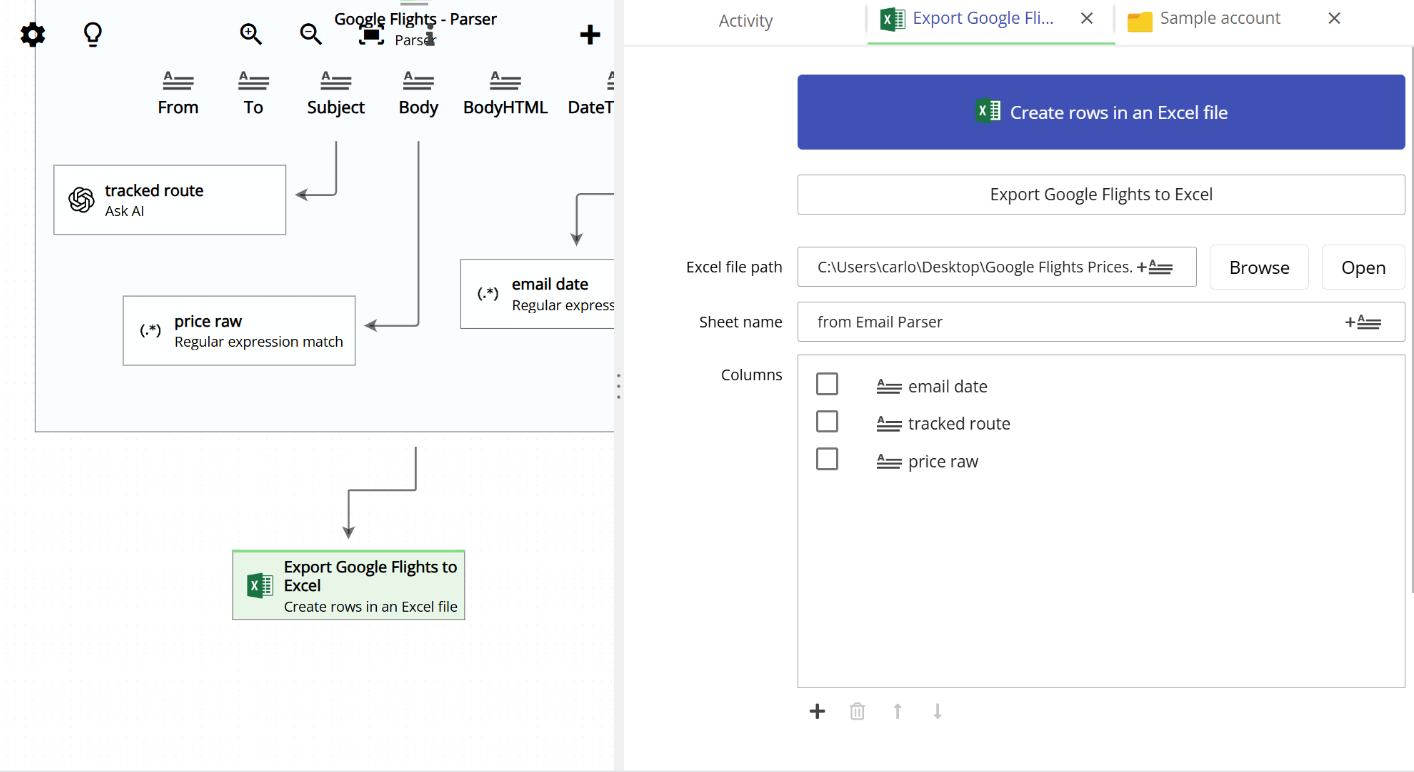 animation showing the full process of parsing an email and saving the data to Excel