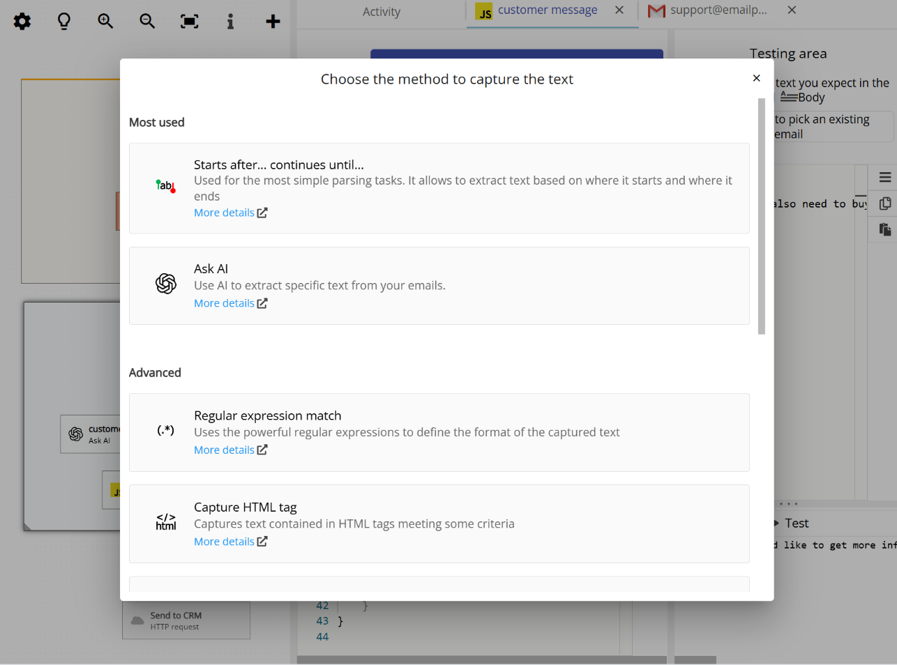 Animated demo of automated email data extraction using a JavaScript snippet