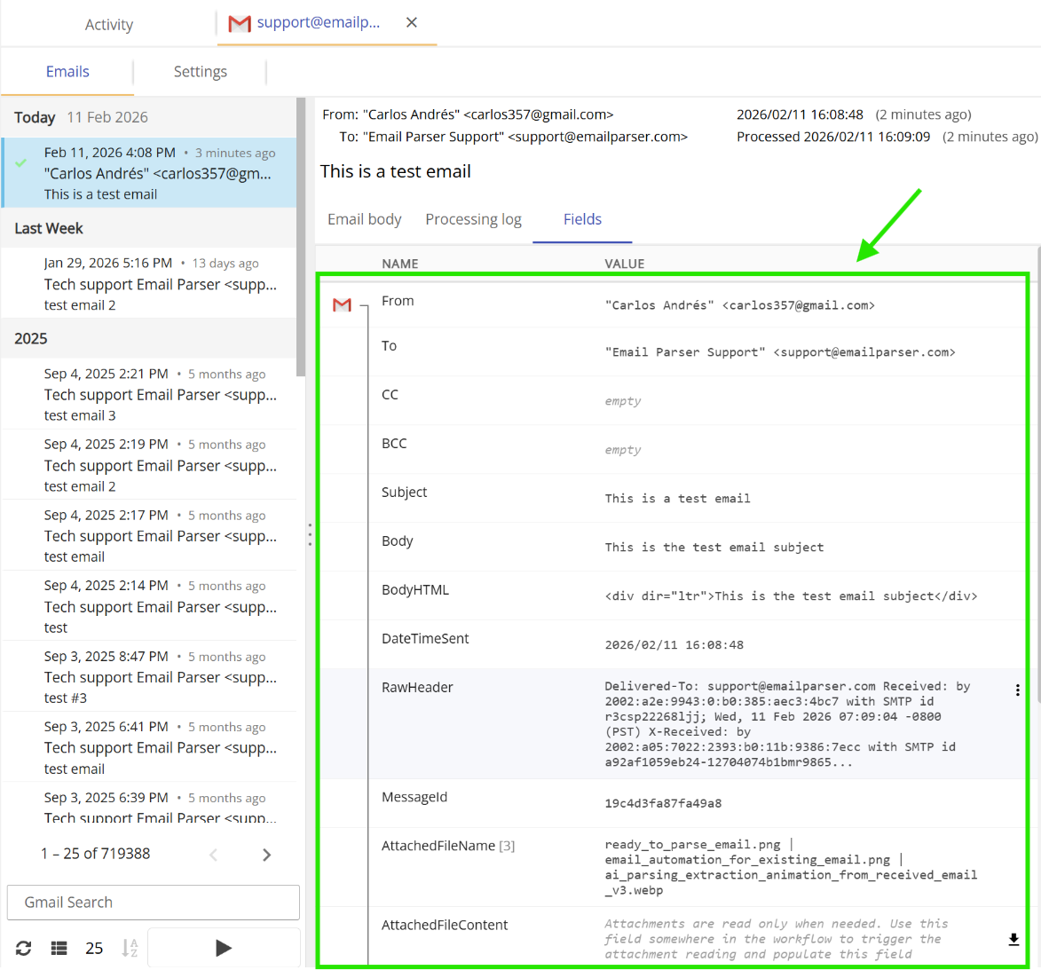 fields captured from incoming email
