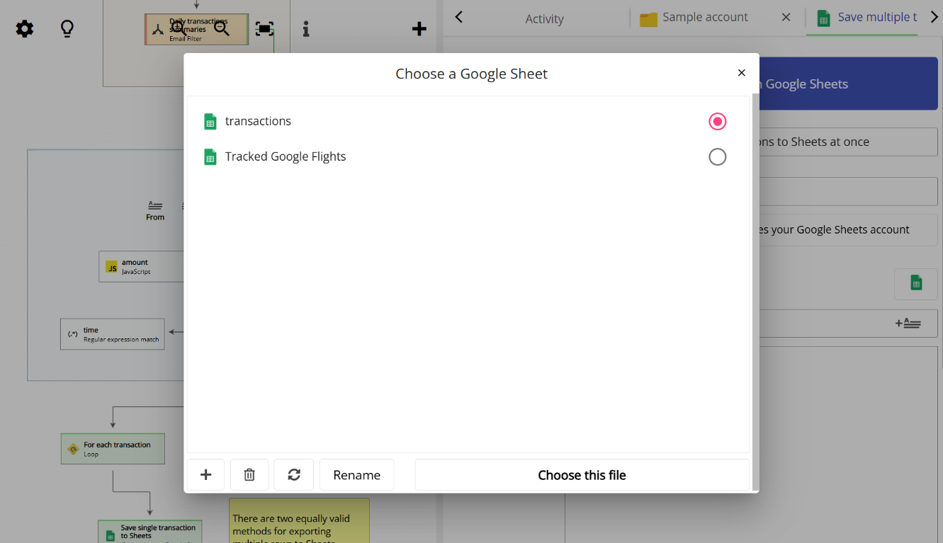 dialog showing how to browse and create Google Sheets files from within Email Parser