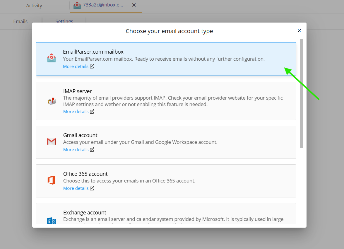 Built-in emailparser.com email account ready to receive emails