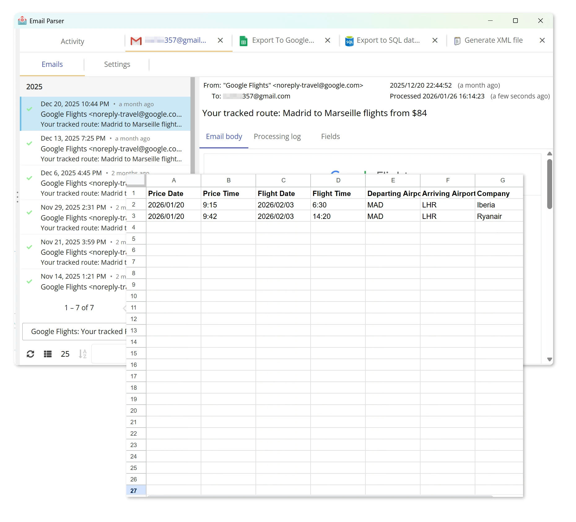 email automation to spreadsheet using AI