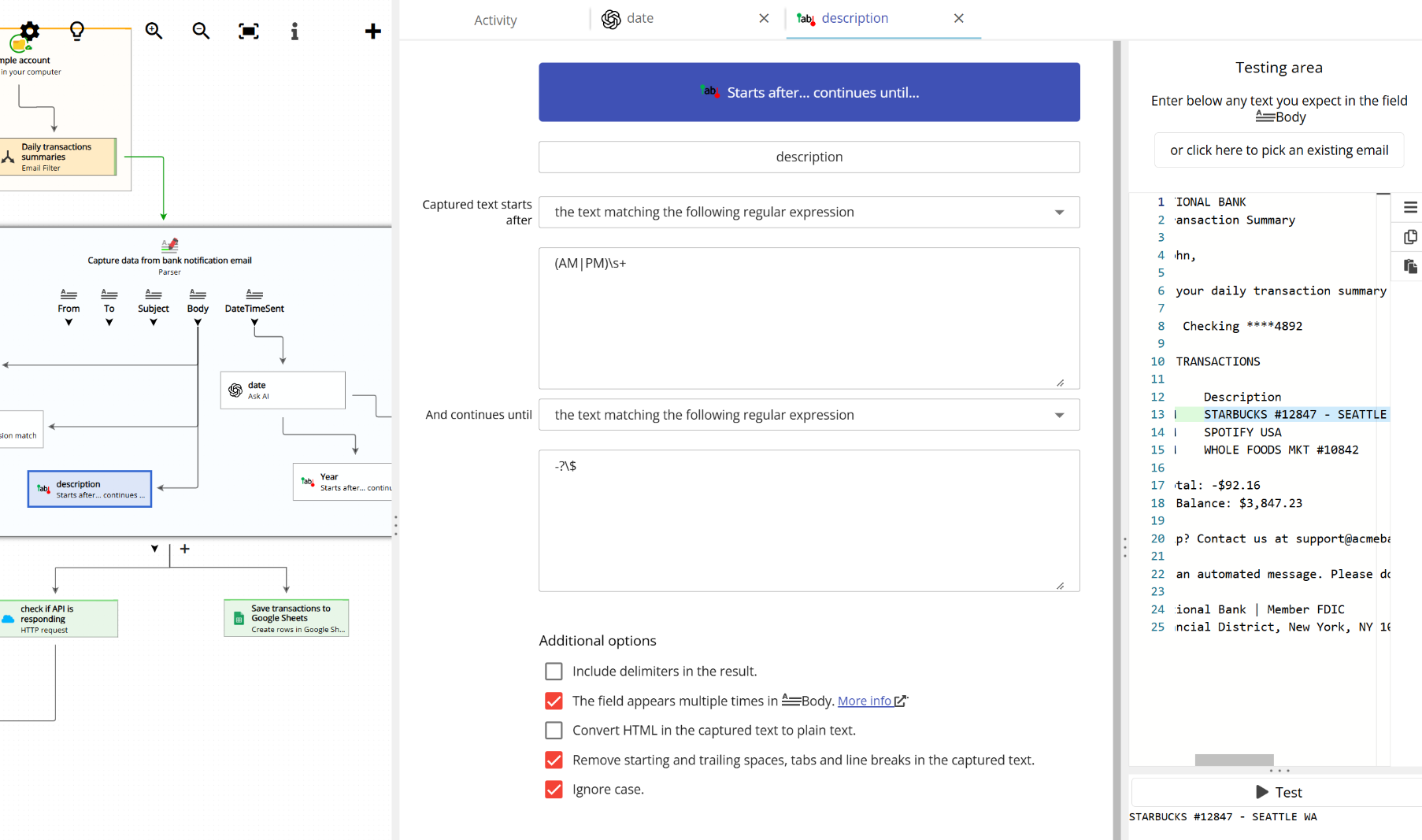 capturing data from an email using the starts after continues until method
