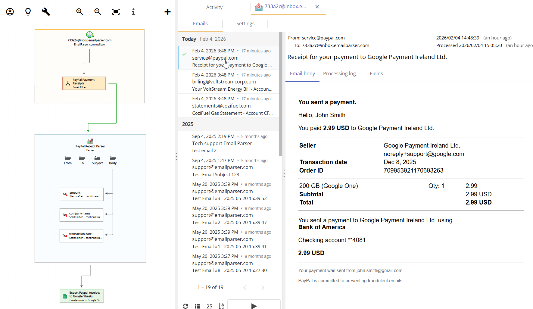 Exporting email contents to Google Sheets