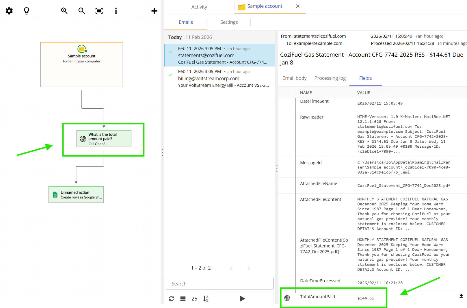 fields created in the actions section with OpenAI API call