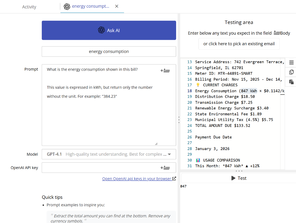 Email Parser AI field configuration showing the prompt and model settings