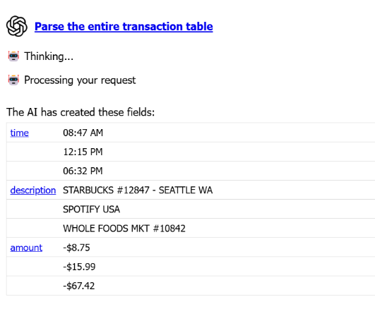 Screenshot showing the AI agent having extracted the transaction table into three fields: Time, Description, and Amount