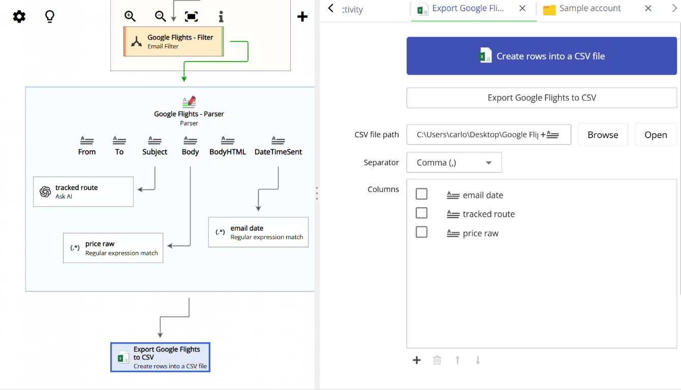 Animation showing the full process of parsing an email and saving the data to a CSV file
