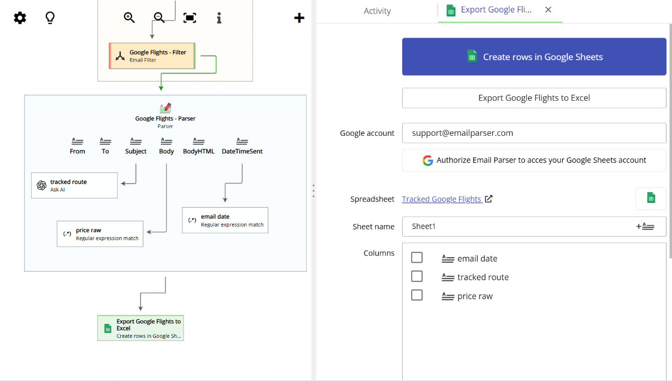 animation showing the full process of parsing an email and saving the data to Google Sheets