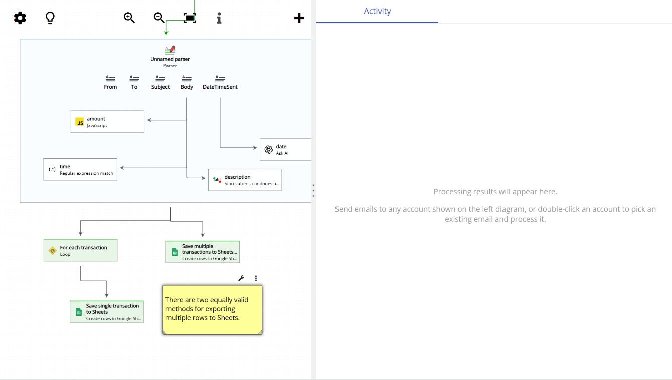animation showing how to save multiple rows to Google Sheets from a single email