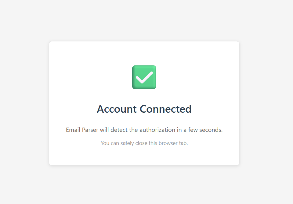 Gmail account successfully authorized message in the browser