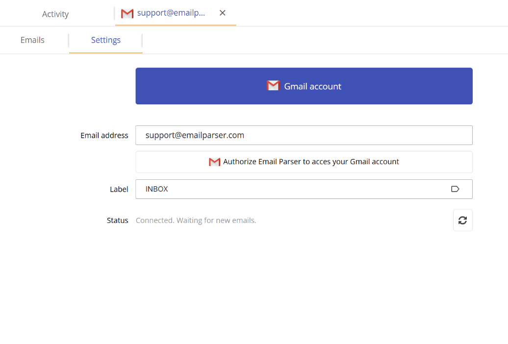 Email Parser showing Connected status waiting for new emails from Gmail