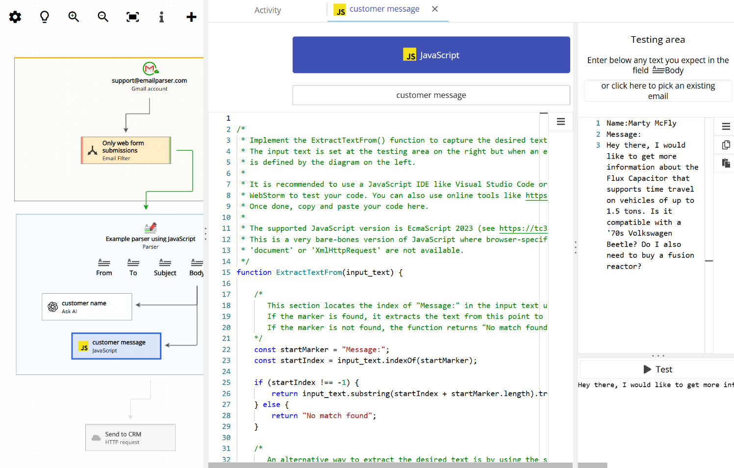 Using a JavaScript snippet to capture message text from a web form notification email