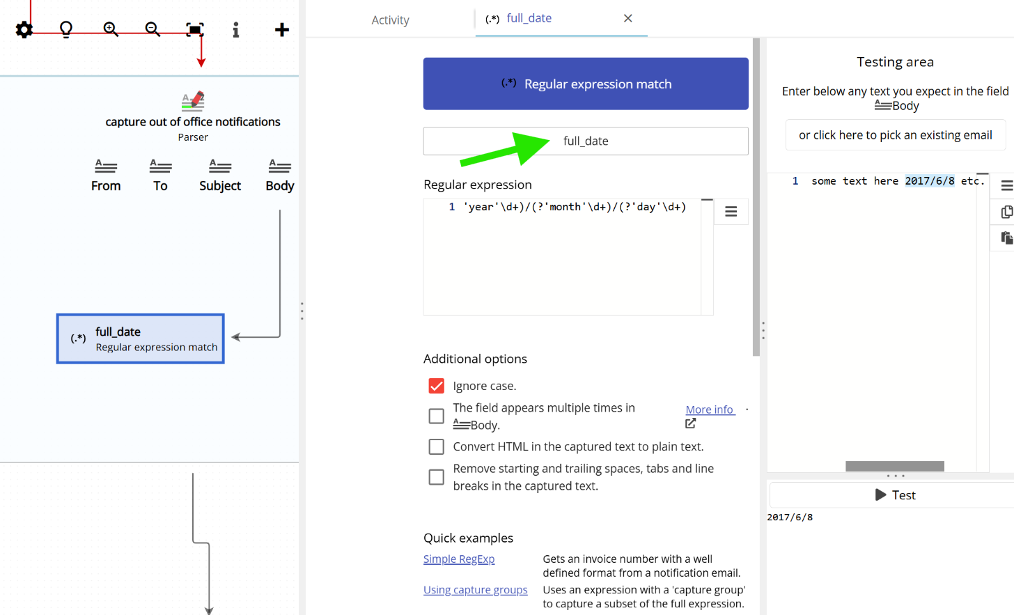 When no capture group name matches the field name, Email Parser falls back to the full regular expression match