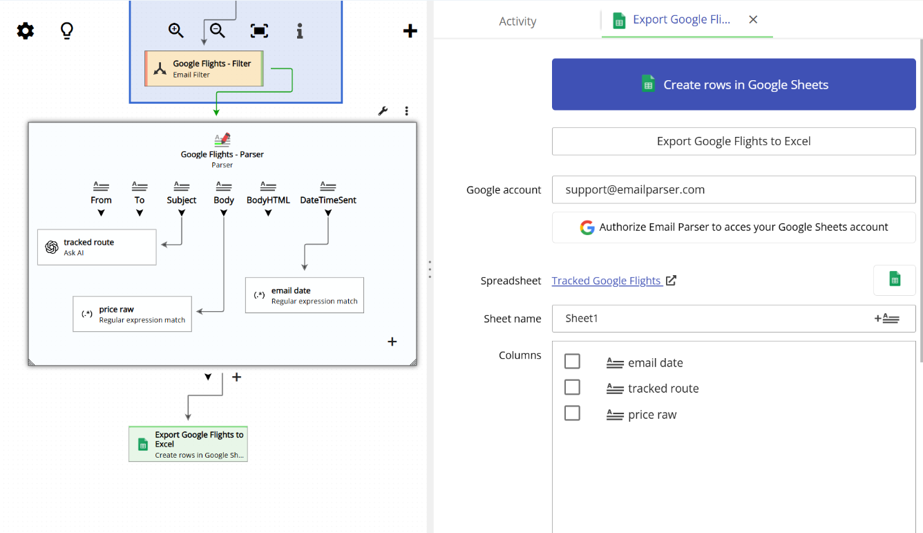 action configuration to save parsed email data to Google Sheets