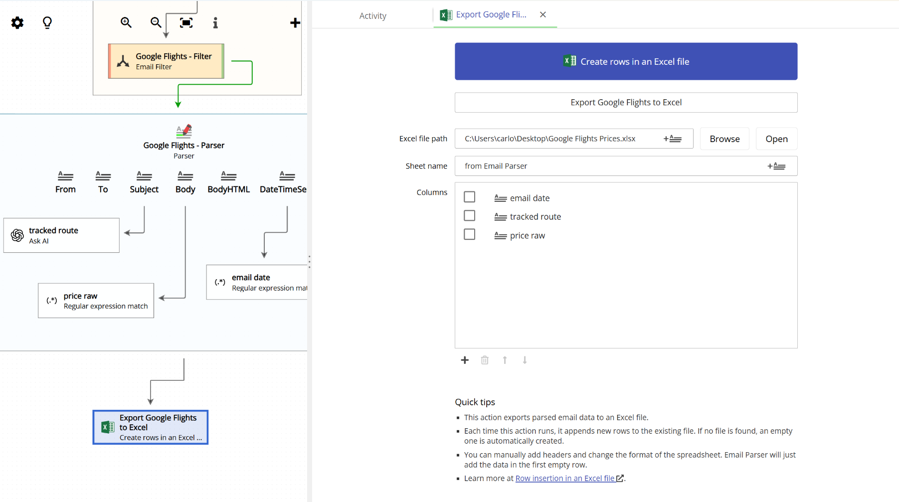 action configuration to save parsed email data to an Excel file