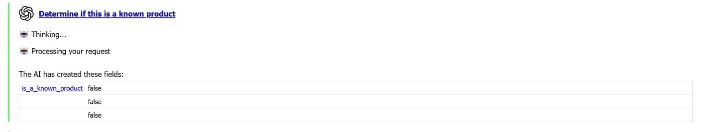 Screenshot showing the second Call OpenAI action configured to compare transaction descriptions against the product catalog and generate the is_a_known_product field