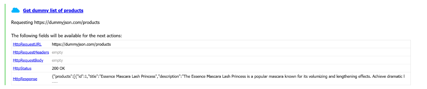 Screenshot showing the HTTP request action configured to retrieve the product catalog from an external API endpoint