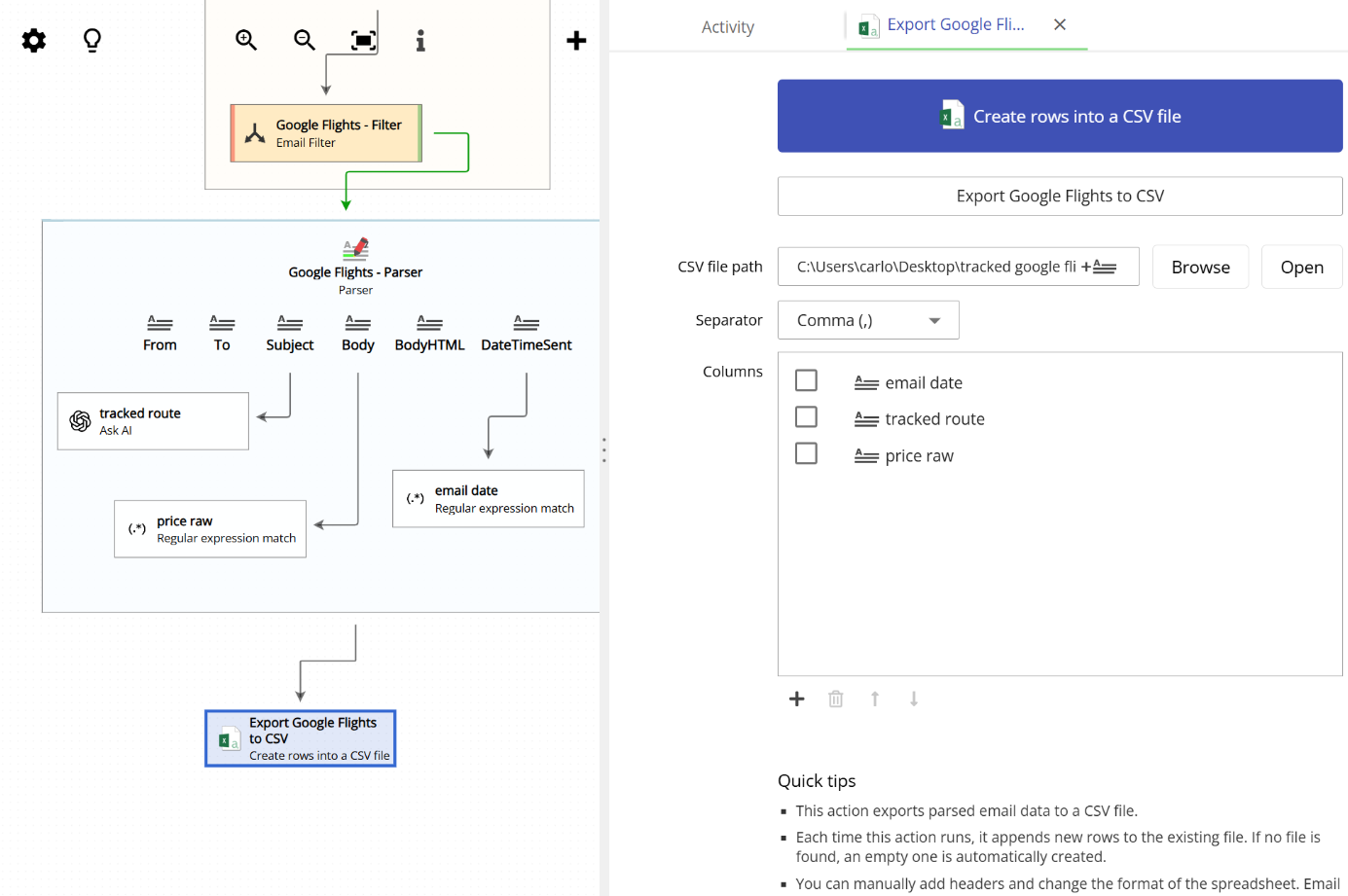 Action configuration to save parsed email data to a CSV file