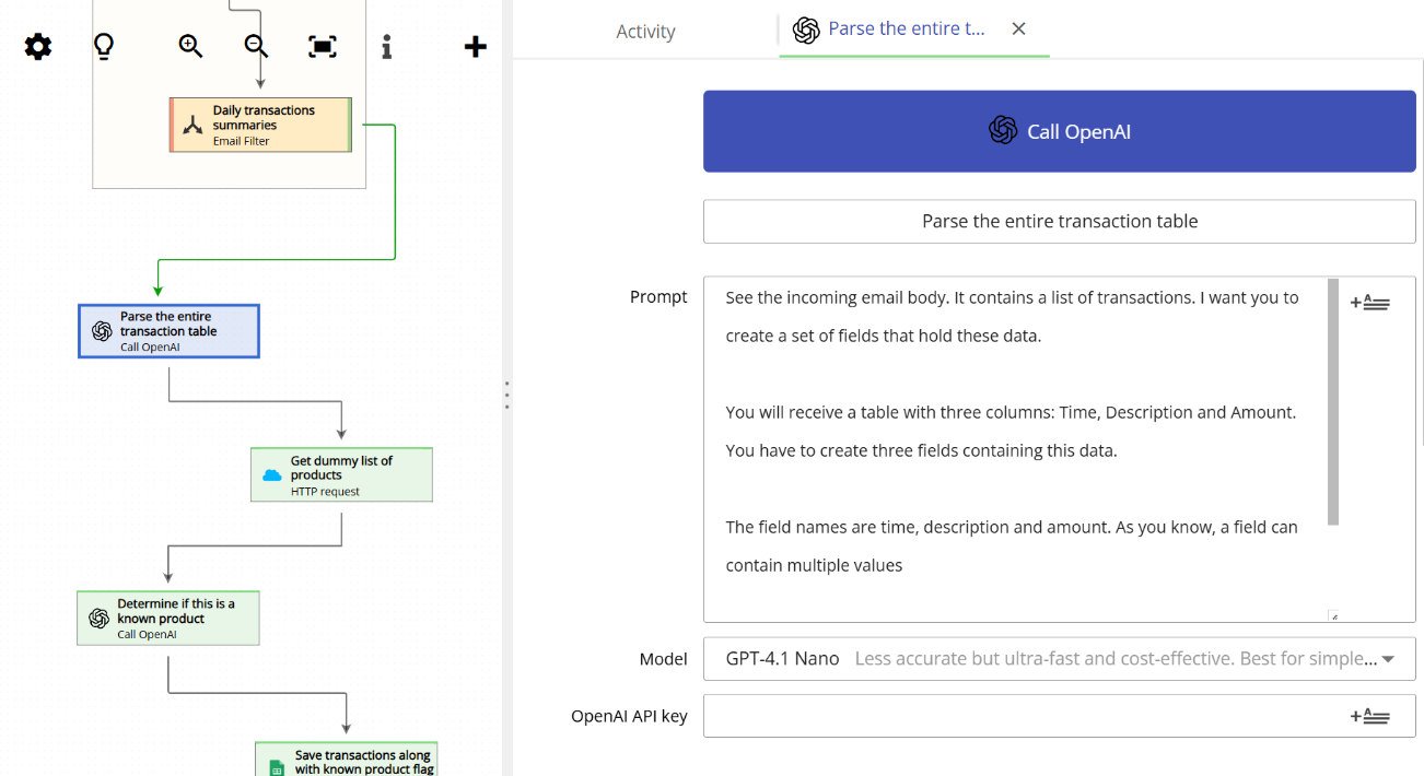 Overview of the Call OpenAI action configuration in the Email Parser workflow