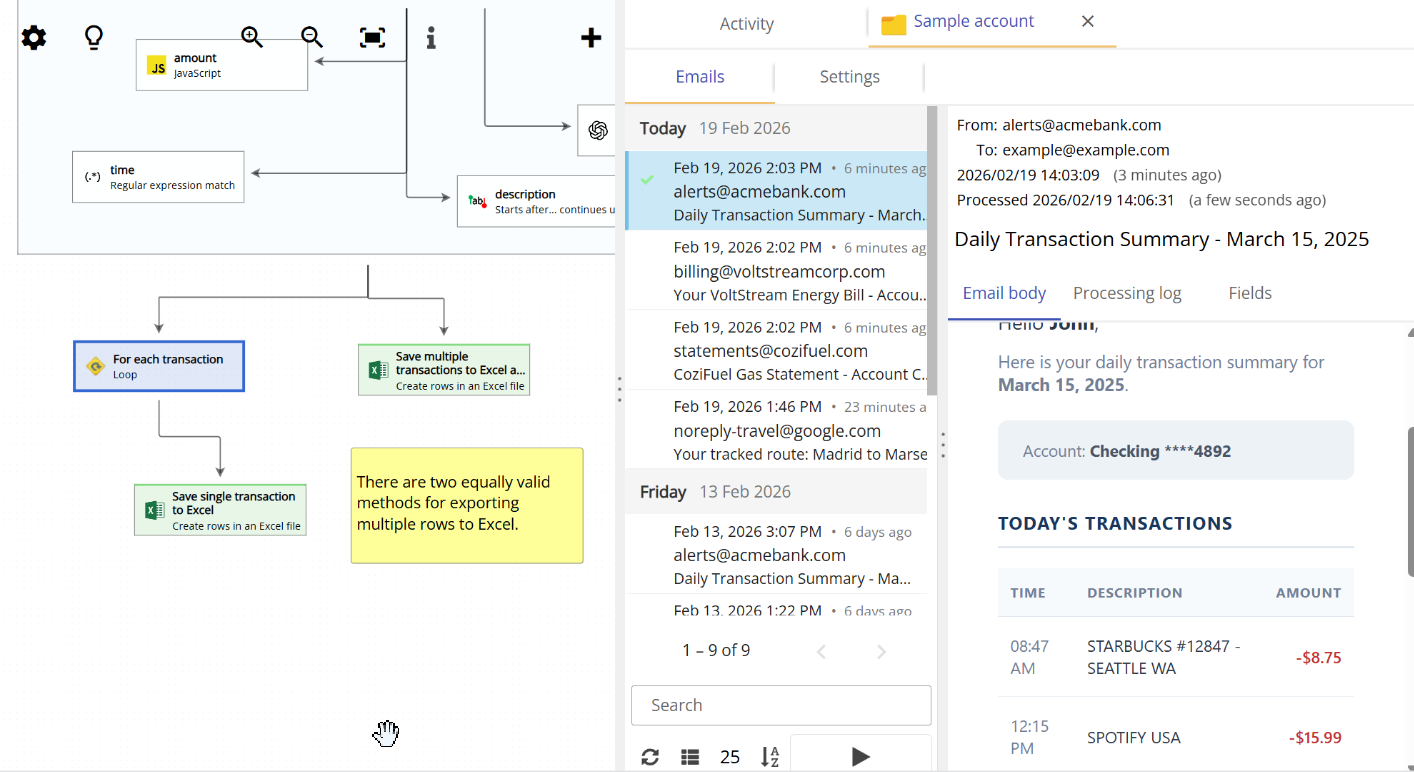 animation showing how to save multiple rows to Excel from a single email