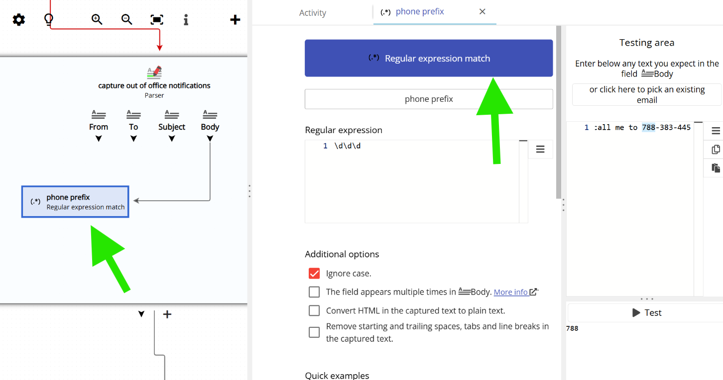 Setting up a field to capture text using a regular expression in Email Parser